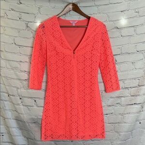 Lilly Pulitzer Neon Coral Lace Long Sleeve V-Neck Dress Size Small